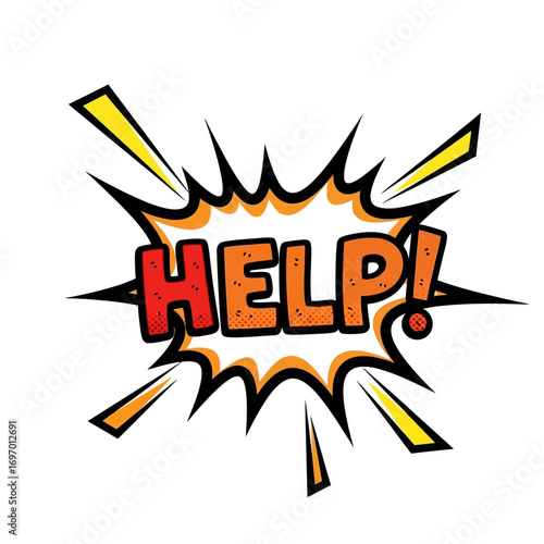 Comic Style "Help!" Word with Explosion Effect and Halftone Texture