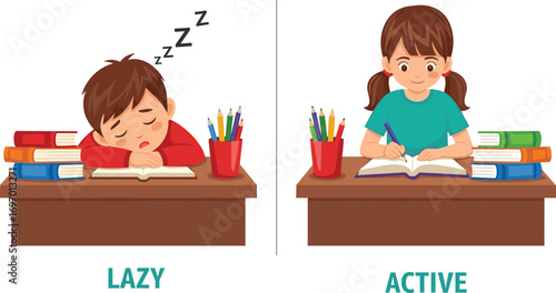 Cartoon children studying, lazy and active comparison, school behavior, desk scene, educational concept, student attitude, vector art, learning contrast, motivation, classroom moment