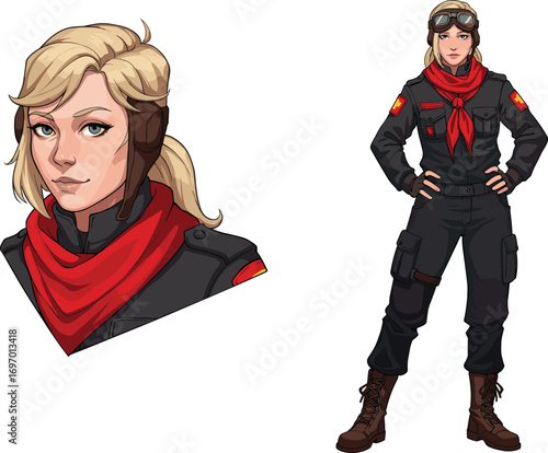 Cartoon female aviator, military uniform, confident pose, pilot character, red scarf, aviation gear, vector illustration, strong woman, flight suit, heroic stance