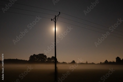 Power pole silhouette with moonlight and misty night landscape, mysterious rural scenery under dark sky