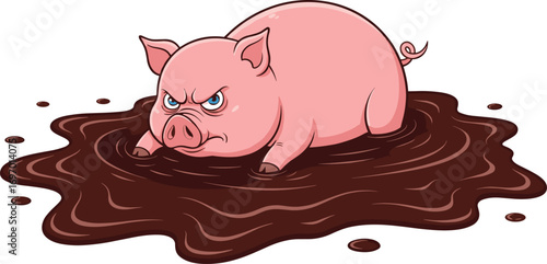 Angry pig cartoon in muddy puddle, cute farm animal illustration, funny swine character, vector art, livestock mascot, agriculture design