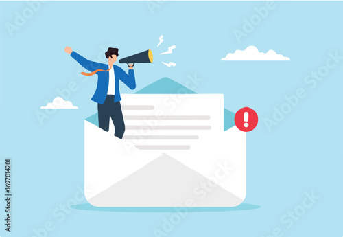 Flat illustration of businessman announcing message using megaphone standing inside open envelope with notification badge email marketing or important communication alert