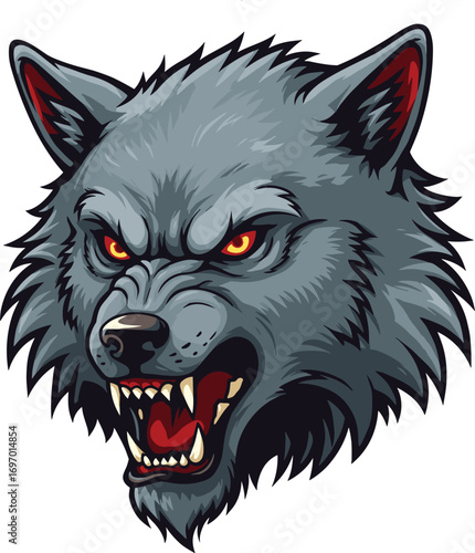 Cartoon wolf head, fierce expression, glowing eyes, sharp teeth, aggressive animal, wild predator, mascot design, vector illustration, beast face, emblem art