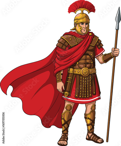 Cartoon Roman soldier, ancient warrior, gold helmet, red cape, spear in hand, historical armor, vector illustration, heroic pose, gladiator style, classical battle gear