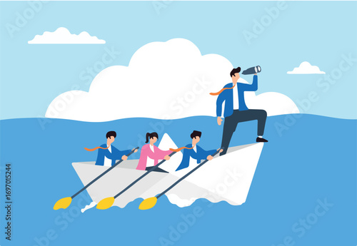 Flat illustration businessman leader with binocular lead team sailing origami ship symbolizing leadership in crisis