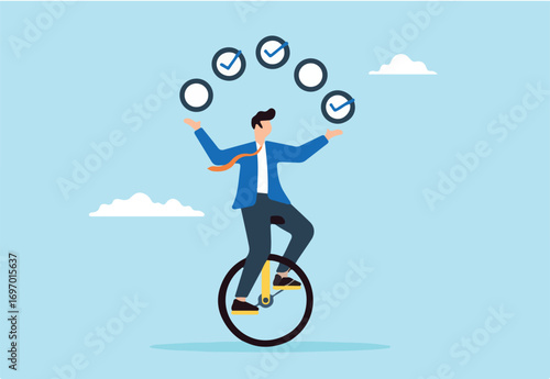 Flat illustration of businessman juggling checkbox while balancing on unicycle symbolizing task management and productivity