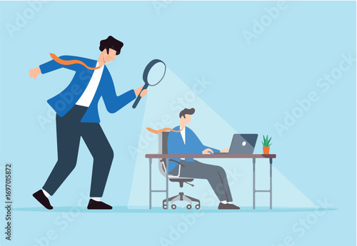 Flat illustration of micromanaging boss toxic manager use magnifying glass to monitoring employee excessively