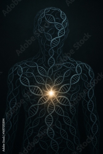 Human form composed of DNA helices, a concept of genetic identity.