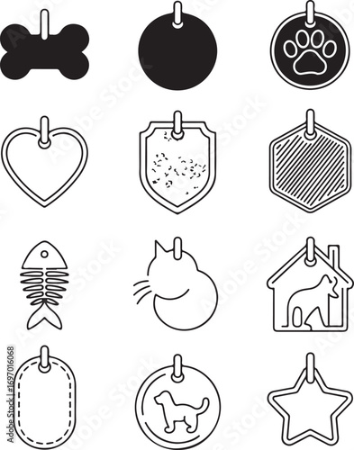 Collection of twelve pet identification tags in various shapes and icons pet tag dog tag