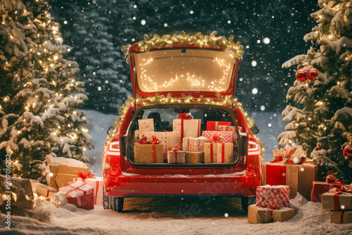 Festive red car with an open trunk overflowing with Christmas presents. Snowy winter night setting among illuminated pine trees with falling snow.