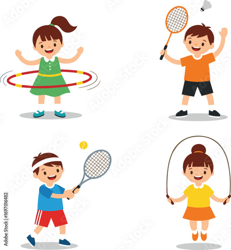 Cartoon kids playing sports, hula hoop, badminton, tennis, jump rope, children activity, vector illustration, exercise fun, healthy lifestyle, motion