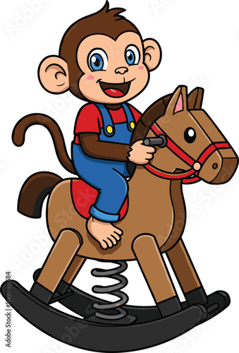 Cartoon monkey riding, spring rocking horse, children’s vector illustration, playful character, smiling animal, red shirt, blue overalls, fun pose, happy toy, brown horse