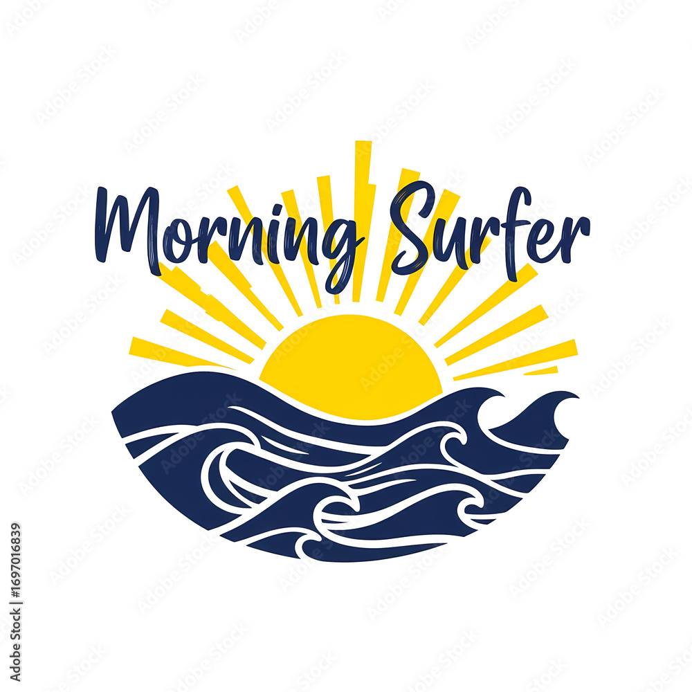 Obraz premium Tshirt design for morning surfer text with sun and ocean waves isolated on white background