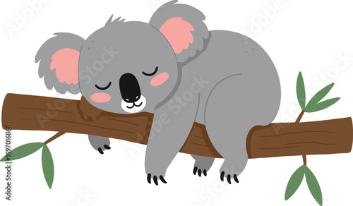 Cartoon koala sleeping, cute animal illustration, tree branch nap, wildlife character, Australian icon, forest scene, vector art, commercial use