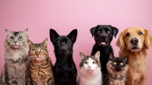 Adorable group of diverse cats and dogs posing together against a soft pink background, showcasing friendship and companionship.
