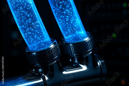 Macro shot of a PC liquid cooling system with glowing blue coolant.