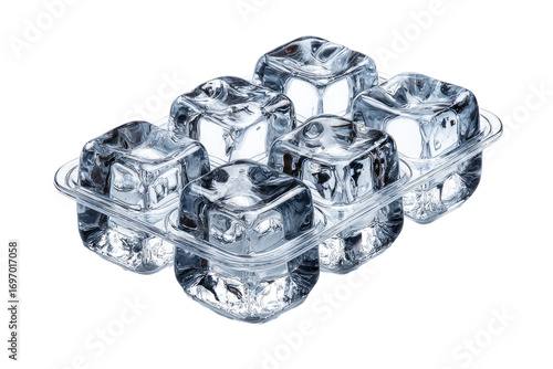 Clear plastic ice cube tray holding four large, clear ice cubes