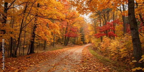 Autumn Forest Path Covered in Golden Leaves