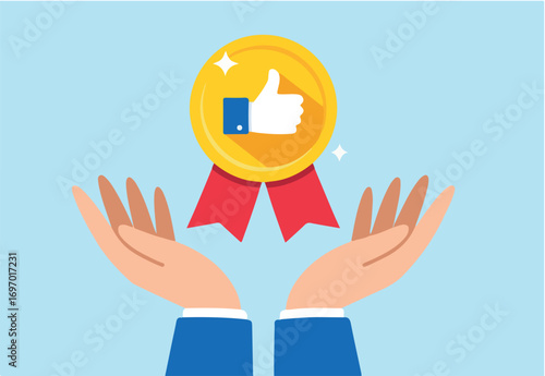 Flat illustration of businessman hand hold thumb up medal badge with ribbon endorsing high quality product employee performance with public approval