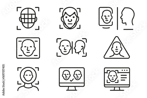 Forensic Face Icons. Line style icons of forensic facial recognition: face grid scan, facial landmark icon, match percentage icon,