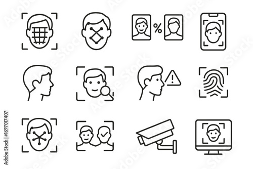 Forensic Face Icons. Line style icons of forensic facial recognition: face grid scan, facial landmark icon, match percentage icon,