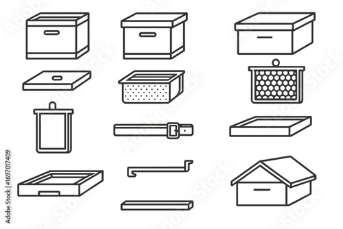 Hive Structure Icons. Line style icons of hive structure elements: brood box, super box, telescoping cover, inner cover,