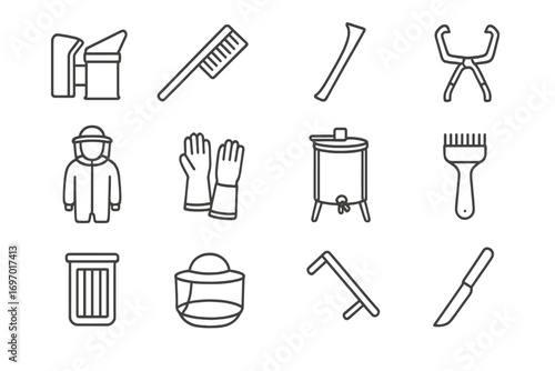 Beekeeping Tools Icons. Line style icons of essential beekeeping tools: hive smoker, bee brush, hive tool, frame grip, bee suit,