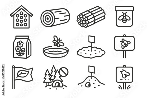 Wild Bee Tools Icons. Line style icons of wild bee support tools: bee house, log hive, bamboo tube shelter, clay nest box, flower