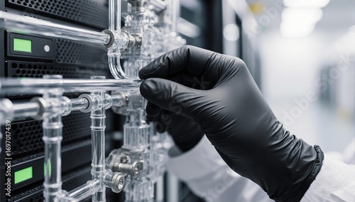 A technician adjusting a complex liquid cooling data center manifold.