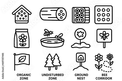 Wild Bee Tools Icons. Line style icons of wild bee support tools: bee house, log hive, bamboo tube shelter, clay nest box, flower