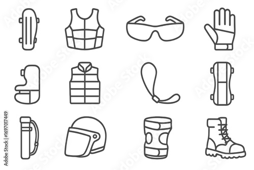 Safety Gear Icons. Line style icons of safety and protection gear: arm guard, chest protector, safety glasses, shooting glove,