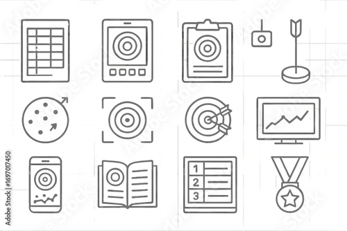 Archery Scoring Icons. Line style icons of archery scoring and tracking: paper scorecard, electronic scoring pad, scoring
