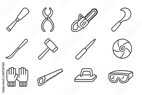 Ice Sculpting Tools Icons. Line style icons of ice sculpting tools: carving chisel, ice tongs, sculpting chainsaw, curved scraper,