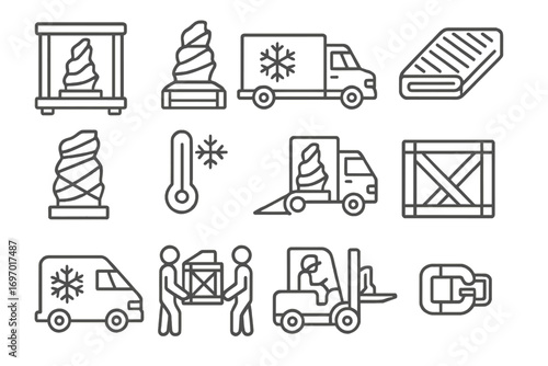 Ice Sculpture Transport Icons. Line style icons of transportation of ice sculptures: ice crate, padded truck, rubber mat,