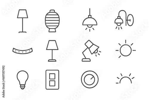 Minimalist Lighting Icons. Line style icons of minimalist lighting elements: floor lamp, paper shade lamp, pendant light, wall