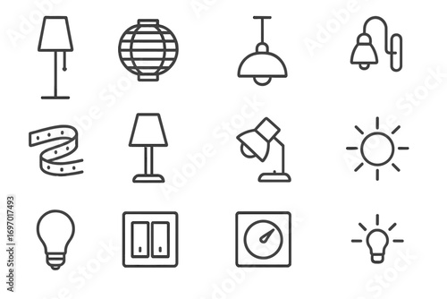 Minimalist Lighting Icons. Line style icons of minimalist lighting elements: floor lamp, paper shade lamp, pendant light, wall