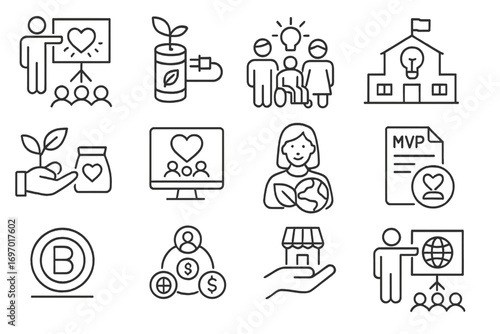 Ethical Startup Icons. Line style icons of ethical startups and ventures: social impact pitch, green tech prototype, inclusive