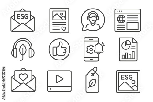 Ethical Investment Icons. Line style icons of ethical investment communication: ESG email icon, impact story newsletter, investor
