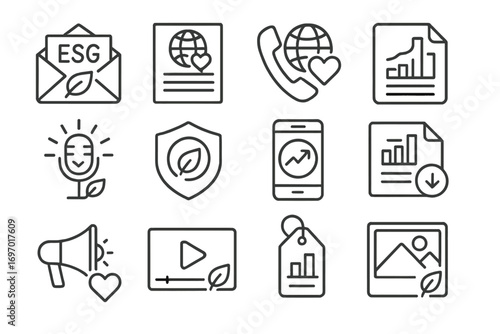 Ethical Investment Icons. Line style icons of ethical investment communication: ESG email icon, impact story newsletter, investor