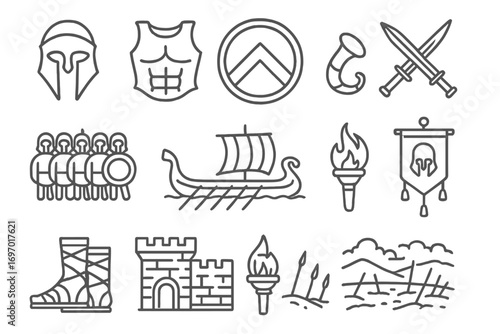 Ancient Greek Warfare Icons. Line style icons of ancient Greek warfare: hoplite helmet, Corinthian armor, Greek shield, spear and
