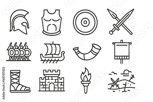 Ancient Greek Warfare Icons. Line style icons of ancient Greek warfare: hoplite helmet, Corinthian armor, Greek shield, spear and