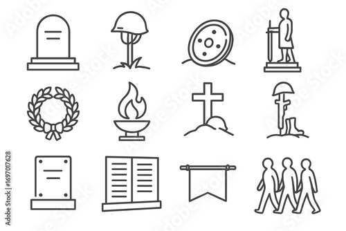 Battlefield Memorial Icons. Line style icons of battlefield memorials: war tombstone, helmet on stake, abandoned shield, statue
