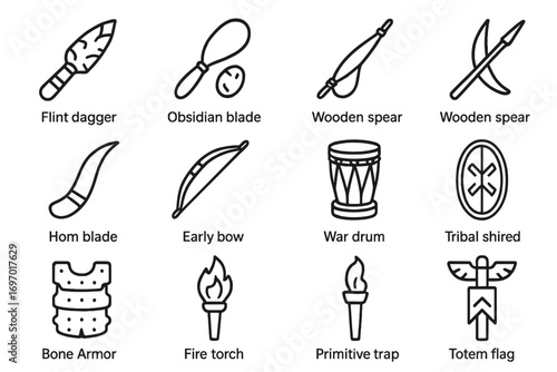 Ancient War Tools Icons. Line style icons of ancient war tools: flint dagger, obsidian blade, sling and stone, wooden spear, horn