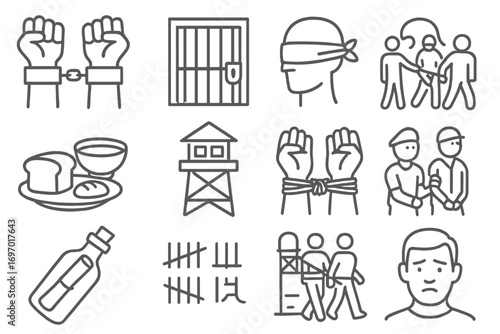 POW Iconography Collection. Line style icons of historical prisoner of war: chained arms, locked cell door, cloth blindfold, food