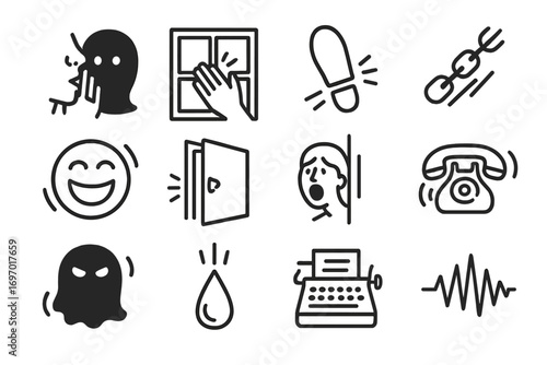 Mystery Noise Icons. Line style icons of unexplained noises: whisper in dark, knock on window, heavy footsteps, dragging chain,