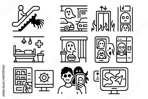 Modern Urban Myth Icons. Line style icons of modern urban myths: escalator trap, parking garage ghost, elevator to hell, hospital