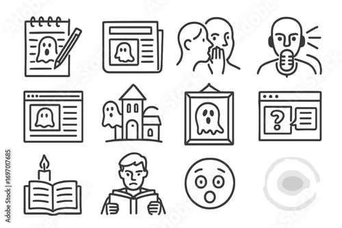 Urban Tales Icons. Line style icons of retold urban tales: sketchy notebook, newspaper clipping, whispered gossip, eerie radio