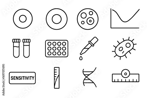 Antimicrobial Testing Icons. Line style icons of antimicrobial testing: antibiotic disc, zone of inhibition, petri dish with rings