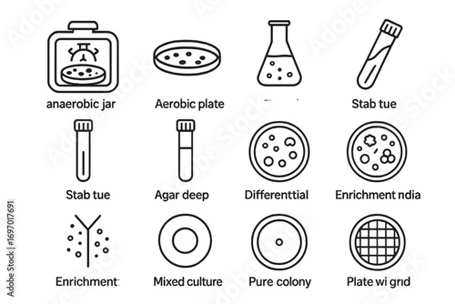Microbial Culture Icons. Line style icons of microbial culture types: anaerobic jar, aerobic plate, liquid broth flask, slant