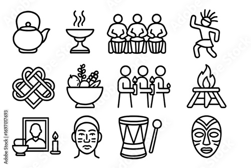 Cultural Ritual Icons. Line style icons of cultural rituals around the world: tea ceremony pot, incense burning stand, drum circle